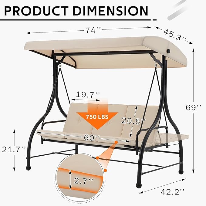 U-MAX Porch Swing with Cover, Patio Swing with Adjustable Backrest&Canopy 3 Seat Outdoor Swing with Canopy 2-in-1 Convertible Patio Daybed with Removable Beige Cushions