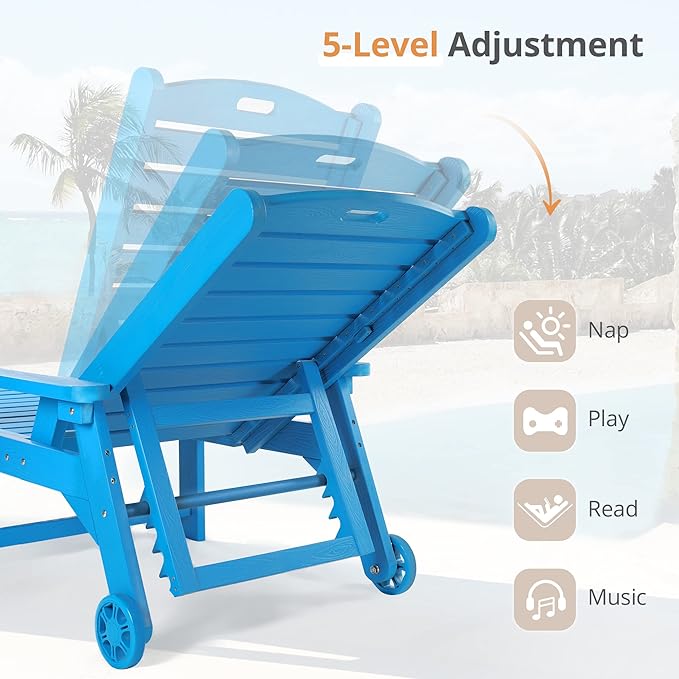 LUE BONA Chaise Lounge Chair with Table, 3-Piece, HDPS Chaise Lounger, 5 Positions Adjustable Lounge Chairs, Pool Lounge Chair with Wheels for Poolside, Backyard, Blue