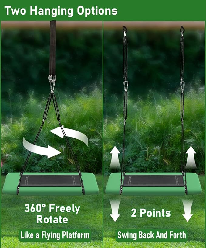 40" Retangular Tree Swing for Kids & Adults, Adjustable Platform Swing with Hanging Straps, 700lbs Capacity, Waterproof Giant Swings for Backyard Outdoor & Indoor Use, Green & Black
