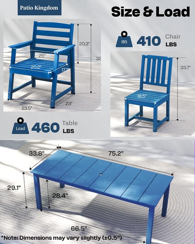 9-Piece Outdoor Dining Set for 8, 75.2'' HDPE Table with Umbrella Hole & Chairs, Weather-Resistant Patio Furniture for Lawn, Yard, Balcony, Deck Navy Blue