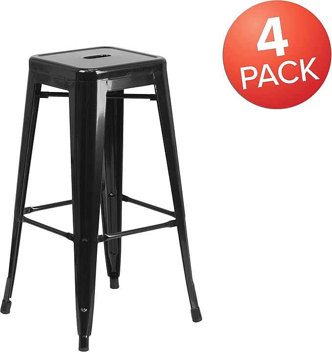 Flash Furniture Lily 4 Pack Commercial Grade 30" High Backless Black Metal Indoor-Outdoor Barstool with Square Seat