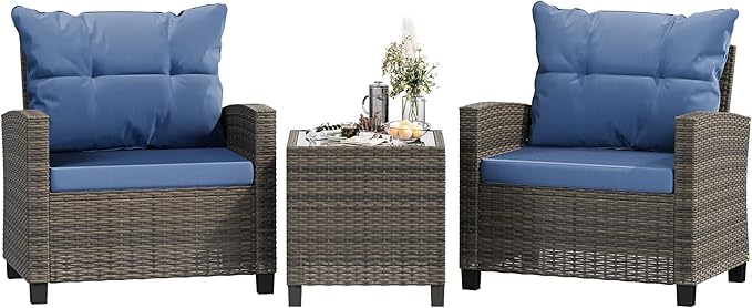Shintenchi 3 Pieces Patio Furniture Set 3 Pieces PE Rattan Wicker Chairs with Table Outdoor Furniture for Backyard/Garden/Poolside/Outdoor Restaurant Gary Rattan with Blue Cushion