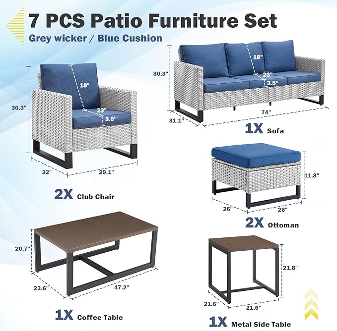 Belord 7 Piece Outdoor Furniture Patio Wicker Sofa Set, Oversize Outdoor Dining Chairs with Rattan Ottomans, Conversation Sets Patio Furniture Come with Removable Washable