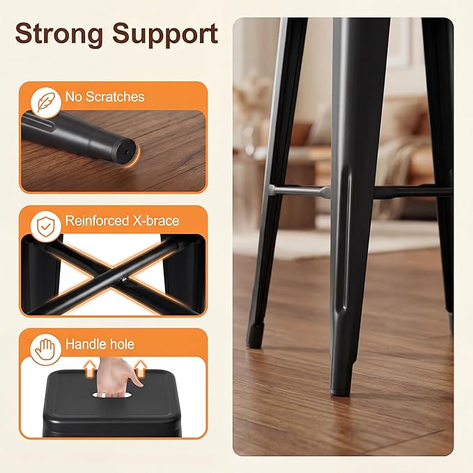 Shahoo 30 Inches Metal Bar Stools Counter Height Stackable Backless Stools, Industrial Patio Stools Indoor Outdoor Metal Kitchen Stools Set of 4 (Black, 30'')