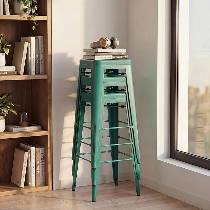 Shahoo 30 Inches Metal Bar Stools Counter Height Stackable Backless Stools, Industrial Patio Stools Indoor Outdoor Metal Kitchen Stools Set of 4 (Green, 30'')