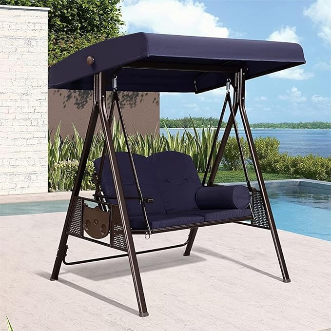 PURPLE LEAF 2-Seat Deluxe Outdoor Patio Porch Swing with Weather Resistant Steel Frame, Adjustable Tilt Canopy, Cushions and Pillow Included, Navy Blue