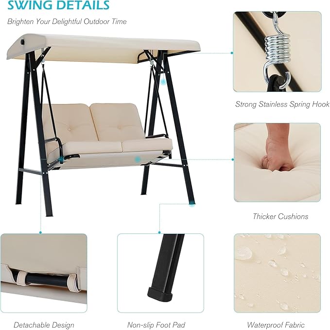 AECOJOY 2-Seat Outdoor Patio Swing Chair with Adjustable Canopy, Porch Swings Chairs for Adult, Outside Swing Bench with Removable Cushion, Suitable for Backyard, Garden, Yard, Poolside, Balcon,Beige