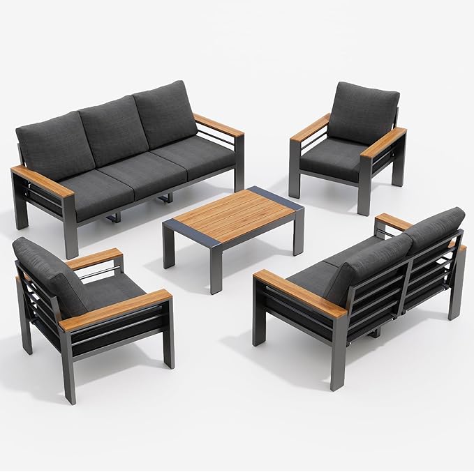 Aoxun Aluminum Outdoor Patio Furniture Set, 7 Seats Outdoor Sectional with Coffee Table, Patio Conversation Sets with Upgraded Armrests and Cushions for Backyard, Garden and Poolside