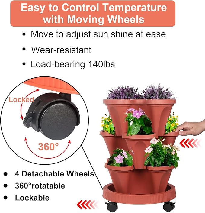 Vertical Planter 3 Tier Stackable Planters Garden Planters Strawberry Herb Flower and Vegetable Planter Indoor Outdoor Gardening Pots with Removable Wheels and Tools