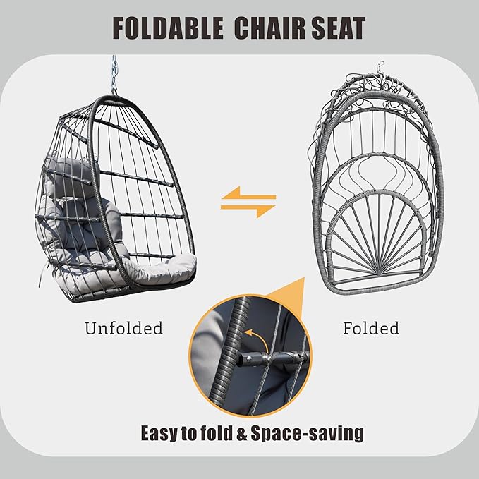 FREDEES Egg Swing Chair with Stand, Outdoor Hanging Egg Chair with Cushion for Patio/Porch/Balcony/Indoor (Light Gray)