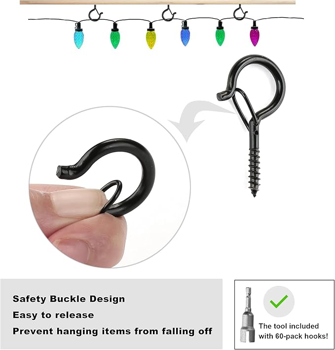 PlusRoc 60 Pack Ceiling Hooks for Hanging Plants Outdoor String Lights Heavy Duty, 2.2 Inch Eye Hook Screw in Cup Hooks Q-Hanger for Patio Lights, Wall Wood Fence Deck Mount(Black)