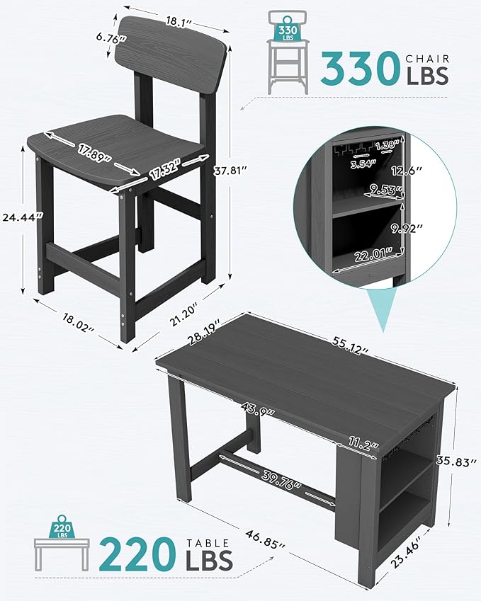 SERWALL 8-Piece Counter Height DiningTable Sets with Storage and Wine Rack, HDPE 2 Rectangular Bar Table with Bar Stools Set of 6 for Garden, Backyard, Kitchen, Gray