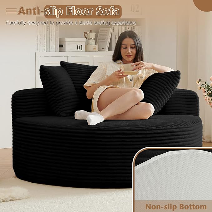 Oversized Round Chair Lounge Chaise Indoor, Upholstered Corduroy Deep Seat Cloud Large Circle Sofa Chair, No Assembly Required, Fluffy Modern Sleeper Sofa Bed for Reading, Living Room, Bedroom, Black