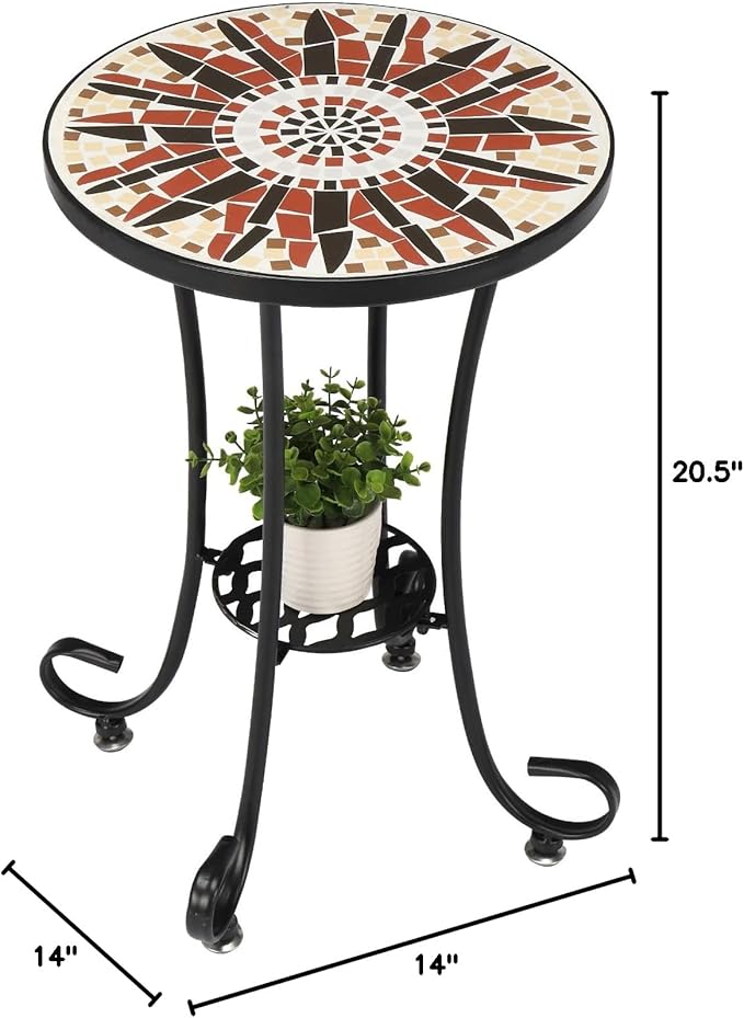 VINGLI Mosaic Outdoor Side Table, 14" Round End Table, Accent Table, Ceramic Tile Top Black Iron,Brown Flower