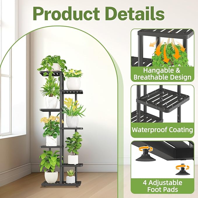iDavosic.ly Plant Stand with Grow Light Indoor Outdoor, 6-Tier Tall Metal Flower Shelf for Heavy-Duty Large Planters, Corner Orchid Display Rack for Living Room Balcony Patio Porch, Modern Black
