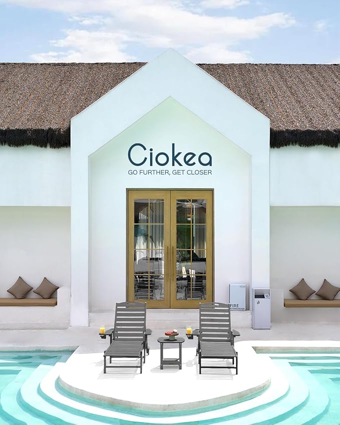 Ciokea Lounge Chair Outdoor, Oversized Chaise Lounge Chair with 5 Positions, HDPE, Patio Lounge Chair with Wheels & Cup Holder for Pool, Deck, Poolside, Dark Grey