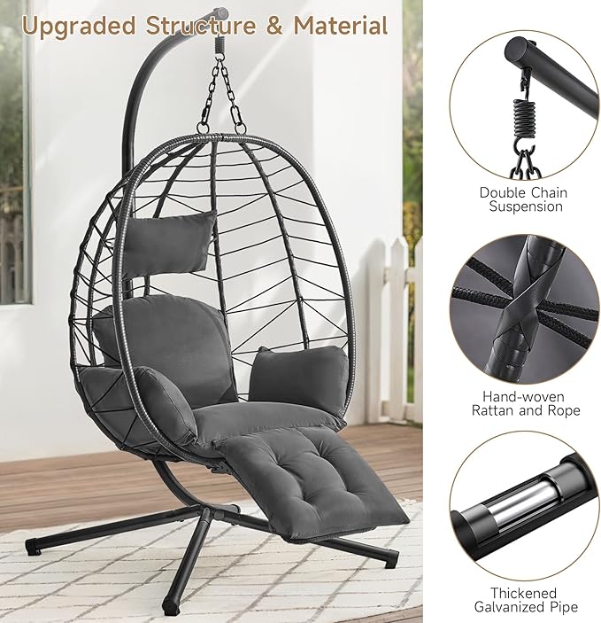 ONBRILL Hanging Egg Chair with Adjustable Footrest & Stand, Wicker Rattan Swing Hammock Chair with Cushion & Double Chains, 350LBS Capacity for Outdoor & Indoor Patio, Deck, Bedroom, Balcony (BL-GR)