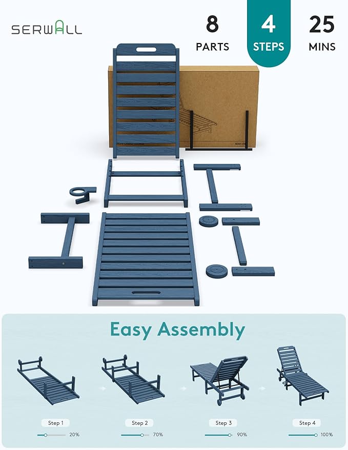 SERWALL Patio Chaise Lounge Chair Set of 4, HDPE Outdoor Lounge Chair with Cup Holder, 5 Positions Adjustable Poly Lounger with Rolling Wheels for Poolside, Deck, Sunbathing, Blue