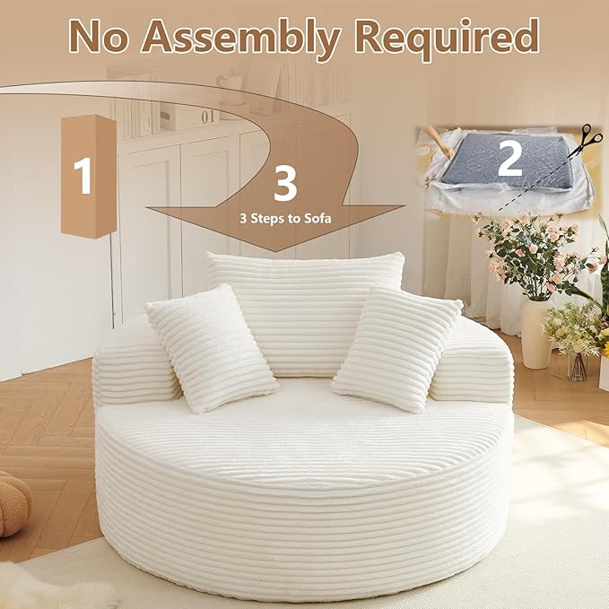 Oversized Round Chair Lounge Chaise Indoor, Upholstered Corduroy Deep Seat Cloud Large Circle Sofa Chair, No Assembly Required, Fluffy Modern Sleeper Sofa Bed for Reading, Living Room, Bedroom, White
