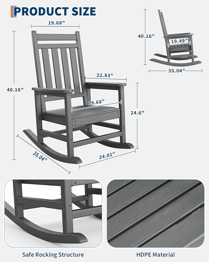 GarveeLife Poly Lumber Rocking Chair Outdoor Set of 4 with 2 Side Table - HDPE High Back Porch Rocker Chairs for Adults - All Weather Resistant Furniture for Patio - Gray