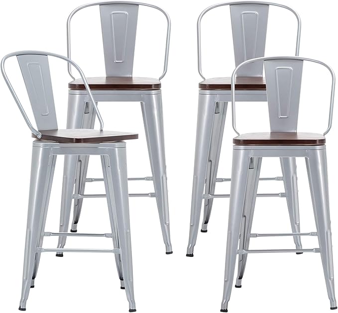 Alunaune 24" Swivel Metal Barstools Set of 4 High Back Counter Height Bar Stools Kitchen Dining Bar Chairs Industrial with Large Wooden Seat-Silver