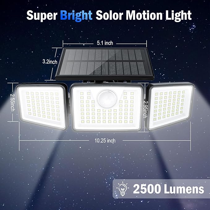 2500LM Solar Lights Outdoor with Motion Sensor,3 Head 270° Wide Angle Street Area Lights,IP65 Waterproof Security Lighting with 3 Modes(Non-Remote,1 Pcs)