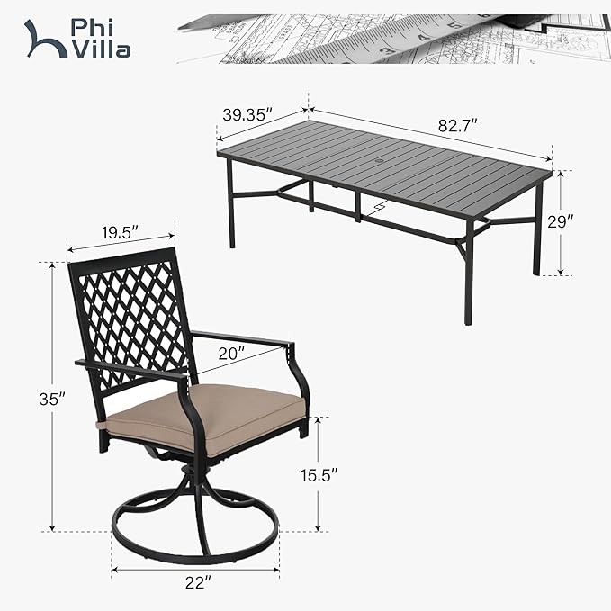 PHI VILLA 9 Pieces Outdoor Dining Set for 8, 83" Rectangle Metal Steel Table with Umbrella Hole & Swivel Wrought Iron Chairs with Cushions, Outside Furniture Set for Patio, Deck, Yard, Porch
