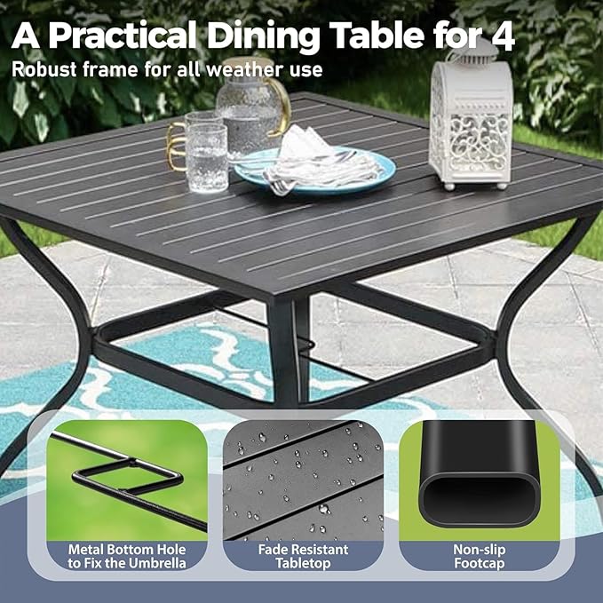 5 Piece Patio Dining Set for 4, 37”x37” Square Table with Umbrella Hole, 4 Metal Brown Chairs, Outdoor Table and Chairs Set for Lawn Backyard and Deck