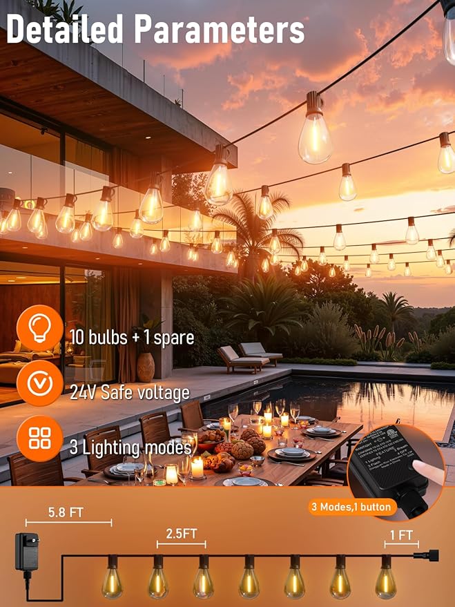 luckystyle 30FT LED Outdoor String Lights with Remote, 10+ 1 Shatterproof Bulbs Waterproof and Dimmable Patio Lights for Porch, Garden, Backyard, Deck, Balcony, 2200K Hanging Lighting