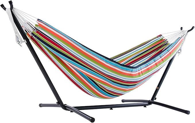 Vivere Double Sunbrella Hammock with Space-Saving Steel Stand, Heavy-Duty Portable Outdoor Hammock Set for Backyard, Patio, or Travel, Confetti