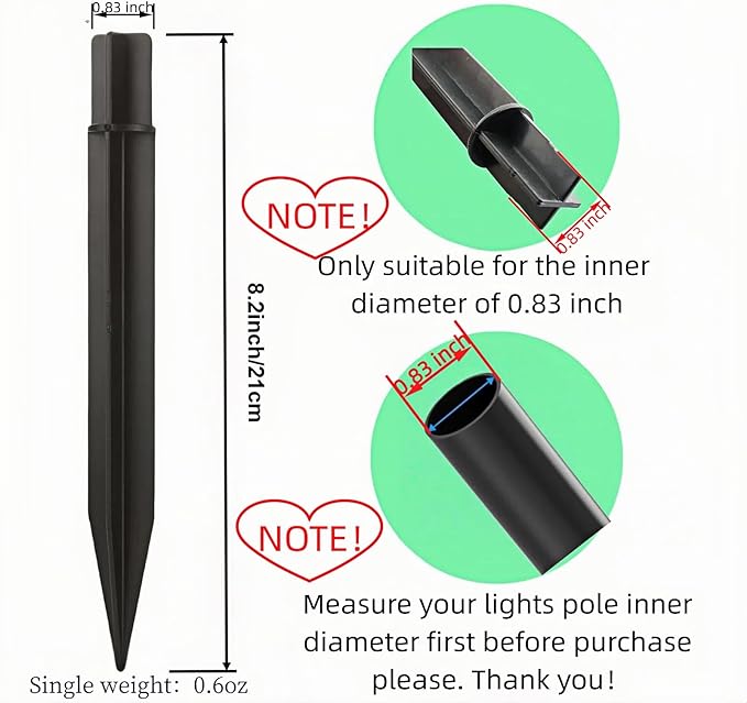 8.25" Reinforced ABS Plastic Solar Ground Spikes - Durable Solar Light Replacement Stakes for Garden, Pathway, Deck, Camping, Christmas Lights (Fits 0.83" Inside Diameter) (Black-10 Pack)