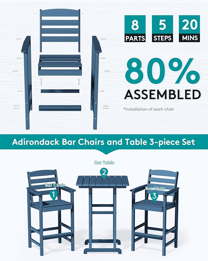 SERWALL Balcony Adirondack Chairs and Table 3 Pieces Set, Adirondack Bar Height Chairs Set of 2 and Bar Table, Outdoor Bar Stools Set for Bistro, Poolside, Backyard, Blue