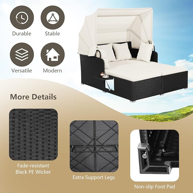 ORALNER Outdoor Daybed, 2-Person Wicker Patio Sofa with Retractable Canopy, Cushions & Pillows, 2 Side Trays, PE Rattan Double Sunbed Lounger for Deck Poolside Backyard Garden Balcony (Off-White)