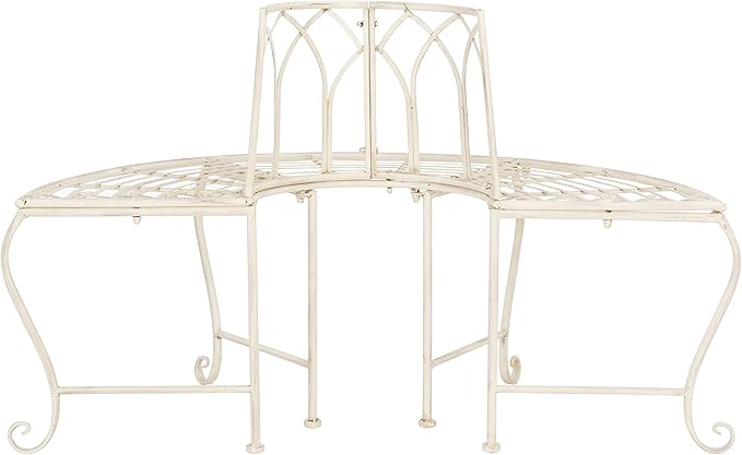 SAFAVIEH Outdoor Furniture Collection – Abia Antique White Distressed Wrought Iron 50-Inch Curved Tree Bench, Garden & Patio Seating (PAT5018A)
