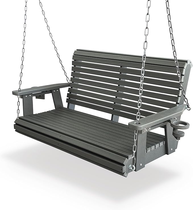 HDPE Porch Swing with 18/8 Stainless Steel Bolts, Ergonomic Design, Ultra Weather-Resistant, Heavy Duty 1200 LBS, for Outdoor Patio Garden Yard (Gray)