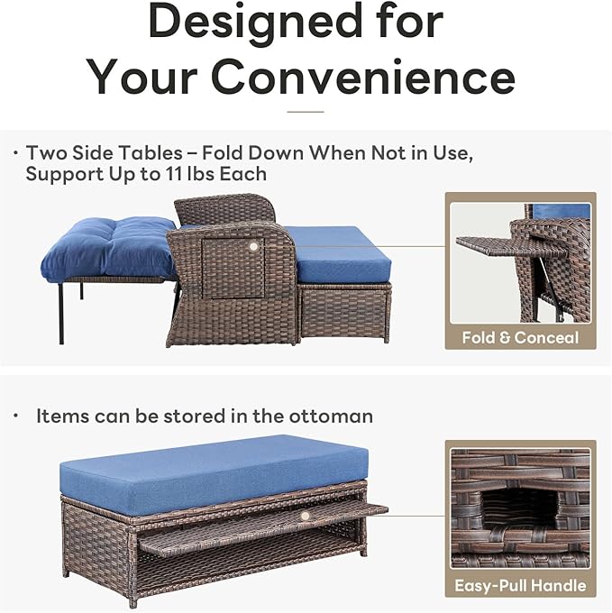 Belord Oversize Outdoor Daybed Set - Patio Recliner Loveseat with Storage Ottoman, Wicker Double Lounge Chair wth 5 Level Adjustable Backrest and 2 Retractable Table