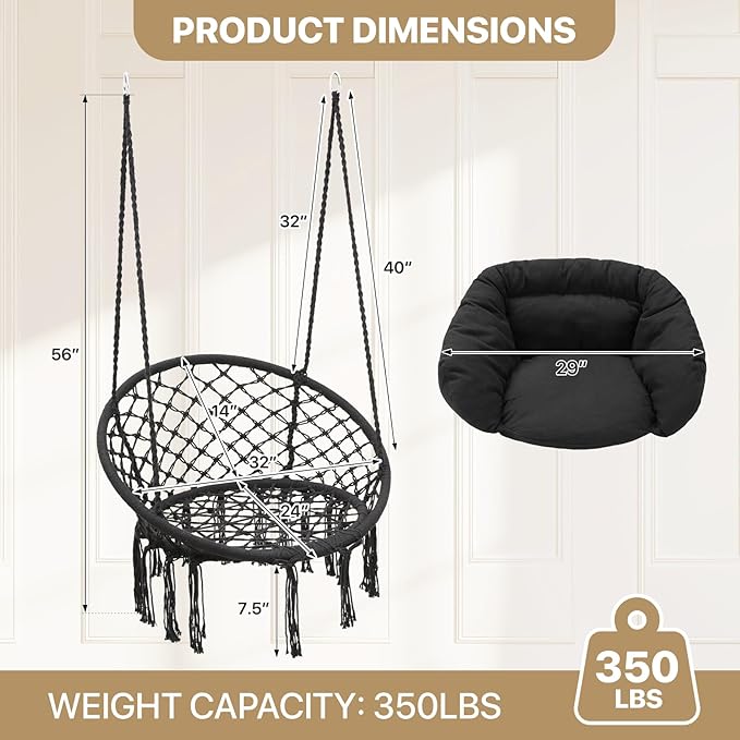 Monibloom Hanging Hammock Chair W/Large Padded Cushion, Macrame Swing Chair for Porch, Max 350 Lbs Capacity Hanging Swing for Adults & Teens, Comfy Hammock for Bedroom Relaxing Reading Napping, Black