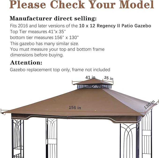 SCOCANOPY Replacement Gazebo Canopy for 10 x 12 Regency II Patio Gazebo Model L-GZ798PST,A101004104,A101004105,(Brown)