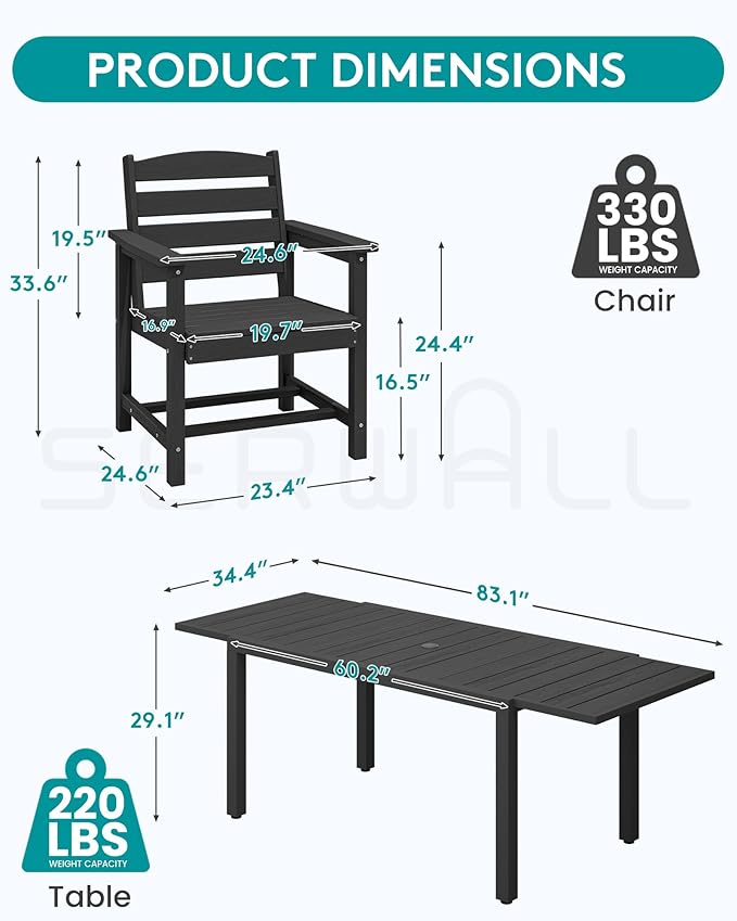 SERWALL 7-Piece Patio Dining Sets, 60" - 83" Expandable Outdoor Dining Table and 6 HDPE Chairs, All Weather HDPE Outdoor Furniture Set for Backyard, Garden, Black