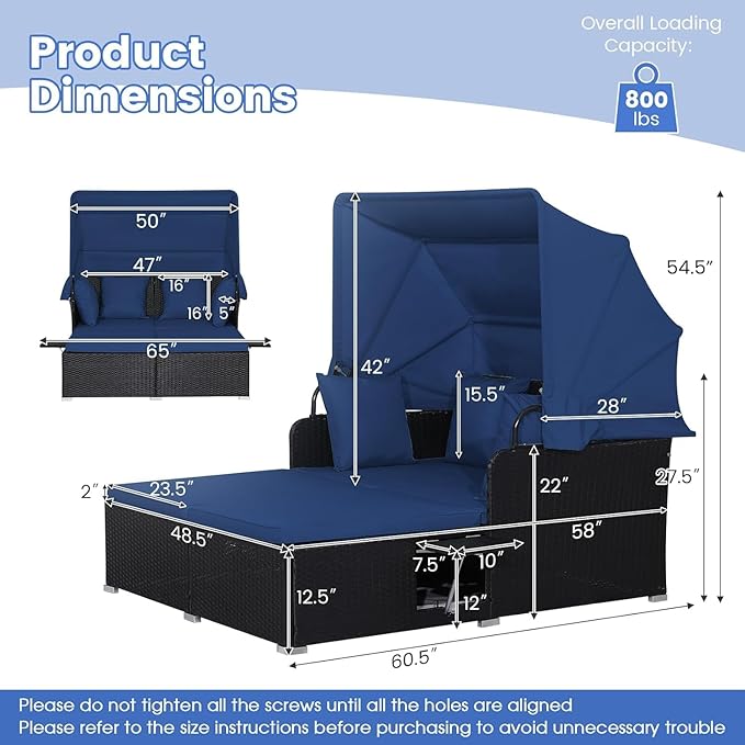 RELAX4LIFE Patio Outdoor Daybed with Canopy, Wicker Sunbed w/Cushions, 4 Pillows & 2 Retractable Side Trays, 2-Person Lounge Bed Conversation for Poolside Porch Garden, Rattan Outdoor Bed (Navy)