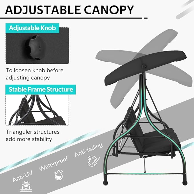 U-MAX Porch Swing Chair with Adjustable Backrest&Canopy, 3 Seat Patio Swing with Canopy 2-in-1 Convertible Outdoor Swing with Canopy Patio Daybed with Removable Black Cushions for Adults