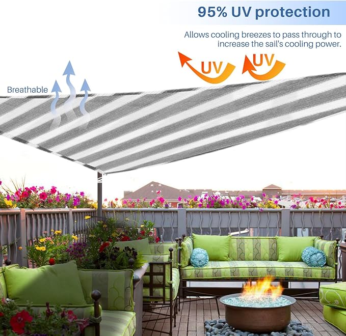 E&K Sunrise 18' x 18' x 18' Sun Shade Sail Triangle Canopy Shade Cover UV Block for Patio Backyard Garden Outdoor (Gray White Strip)