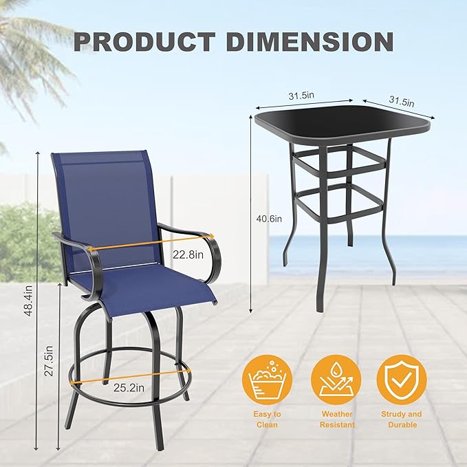 3 PCS Patio Swivel Bar Stools Set, 3 Piece Swivel Outdoor Table and Chairs Bar Set, All Weather Textile Fabric Outdoor High Stool Bistro Set with High Glass Bar Table for Lawn, Garden, Balcony