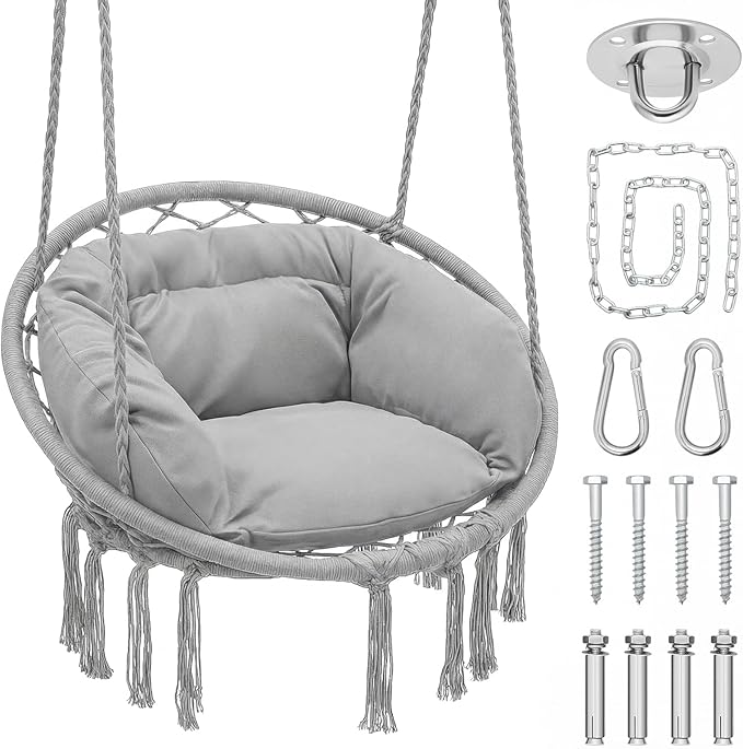 Magshion Hanging Hammock Chair with Comfortable Full Cushion, Macrame Indoor and Outdoor Swing Chair, 350 Lbs Capacity, Accent Hanging Swing with Boho Tassels for Living Room, Bedroom and Porch (Gray)