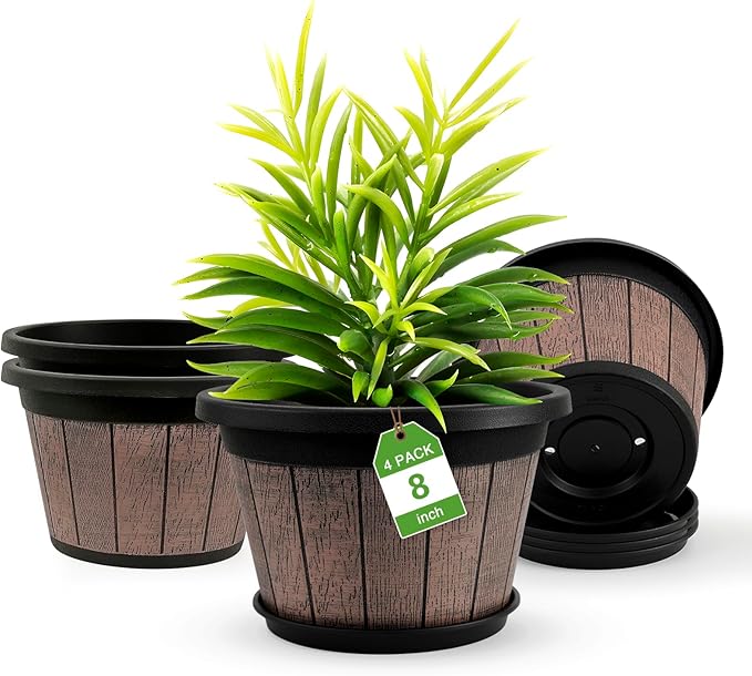 Quarut 4 Pack 8 inch Plant Pot,Upgrade Whiskey Barrel Planters with Drainage Holes & Saucer,Plastic Decoration Flower Pots Retro Design,Planters for Outdoor Indoor Garden Home Plants (Brown)