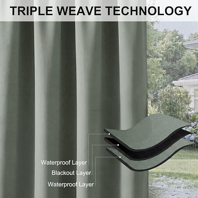 RYB HOME Extra Wide Outdoor Curtains for Patio Waterproof Heavy Duty Thermal Insulated in Summer Full Coverage Privacy for Gazebo, Cabana & Pergola, W100 x L90, Sea Green, 1 Panel