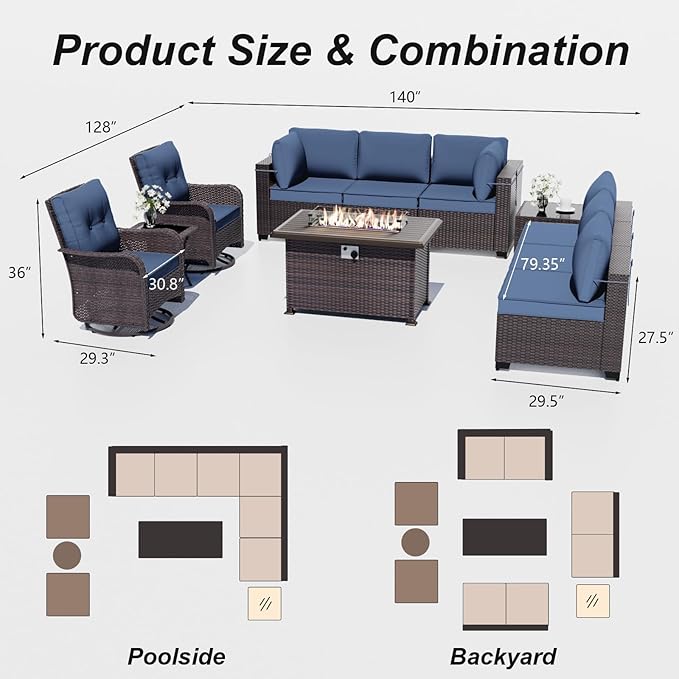 ALAULM Patio Furniture Set with 2 Swivel Chairs, Outdoor Sectional with 55000 BTU Fire Pit Table and Wide Seat, 11 Pieces Wicker Rattan Conversation Set with Coffee Table for Garden, Deck, NavyBlue