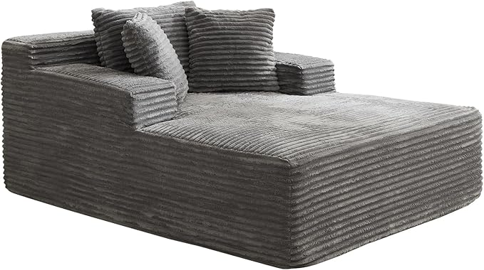 Garvee 50" Oversized Chaise Lounge Indoor Boneless Couch with 3 Pillows Corduroy Sofa Bed, Comfy Sleeper Chair for Living Room Bedroom Reading Chair No Assembly Required, Grey