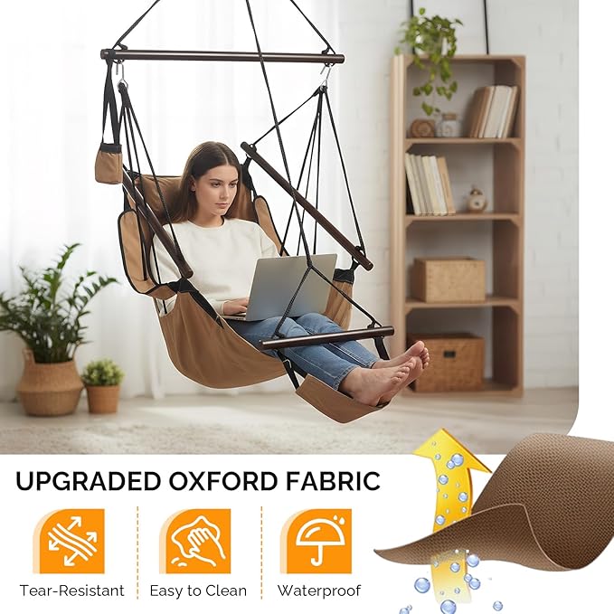 ONCLOUD Upgraded Unique Hammock Sky Chair, Air Deluxe Hanging Swing Seat with Rope Through Beech Wood Bar Safer Relax with Drink Holder & Fuller Pillow for Indoor Outdoor Patio Yard 250LBS (Tan)