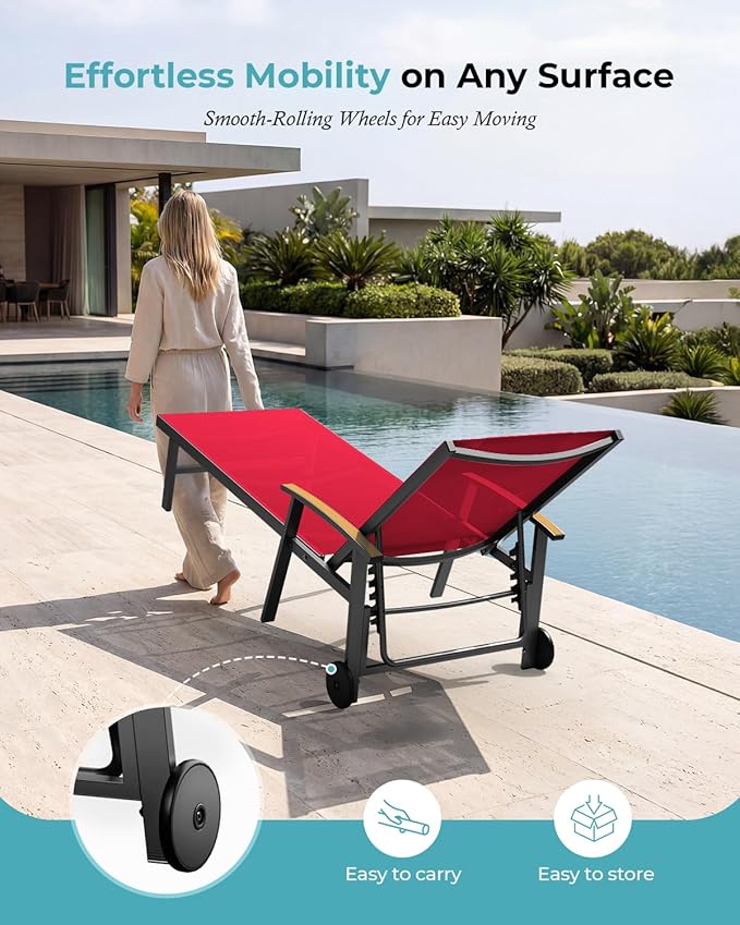 Ciokea Outdoor Lounge Chair with Pillow Set of 2, 5-Position Aluminum Chaise Lounge with Wheels & Armrests, 400 lbs Heavy Duty Patio Pool Chair for Backyard, Deck, Beach & Poolside, Red